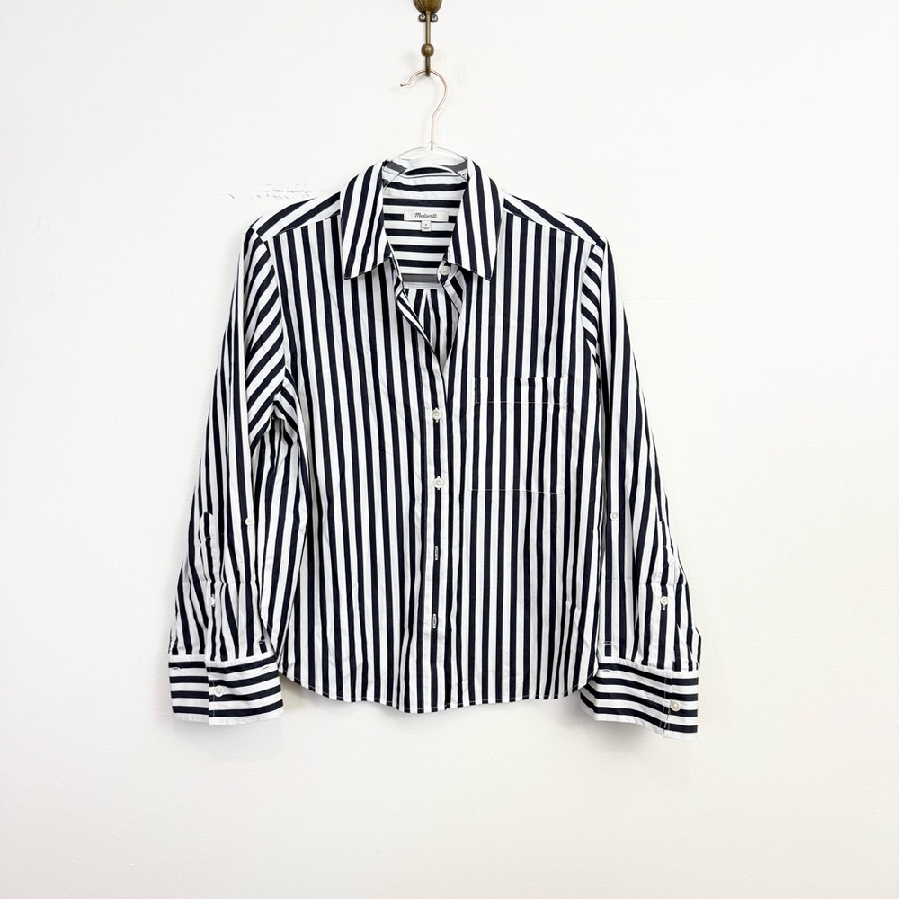 Madewell Easy Y-Neck Button Up Shirt Navy White Stripe Small 100% Cotton - Picture 2 of 6